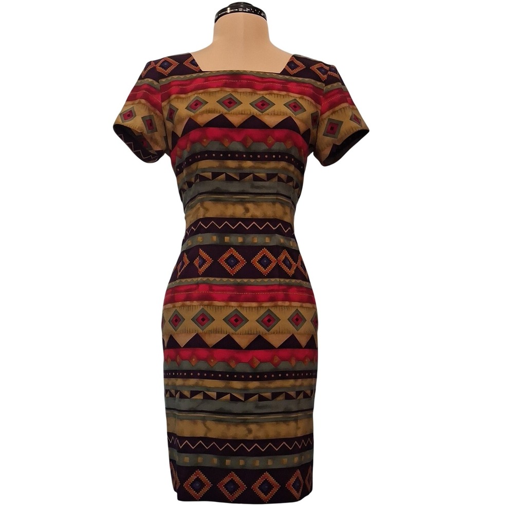 J. Stevens Petites Carol Escritor Southwestern Geometric Sheath Dress Vintage 4P